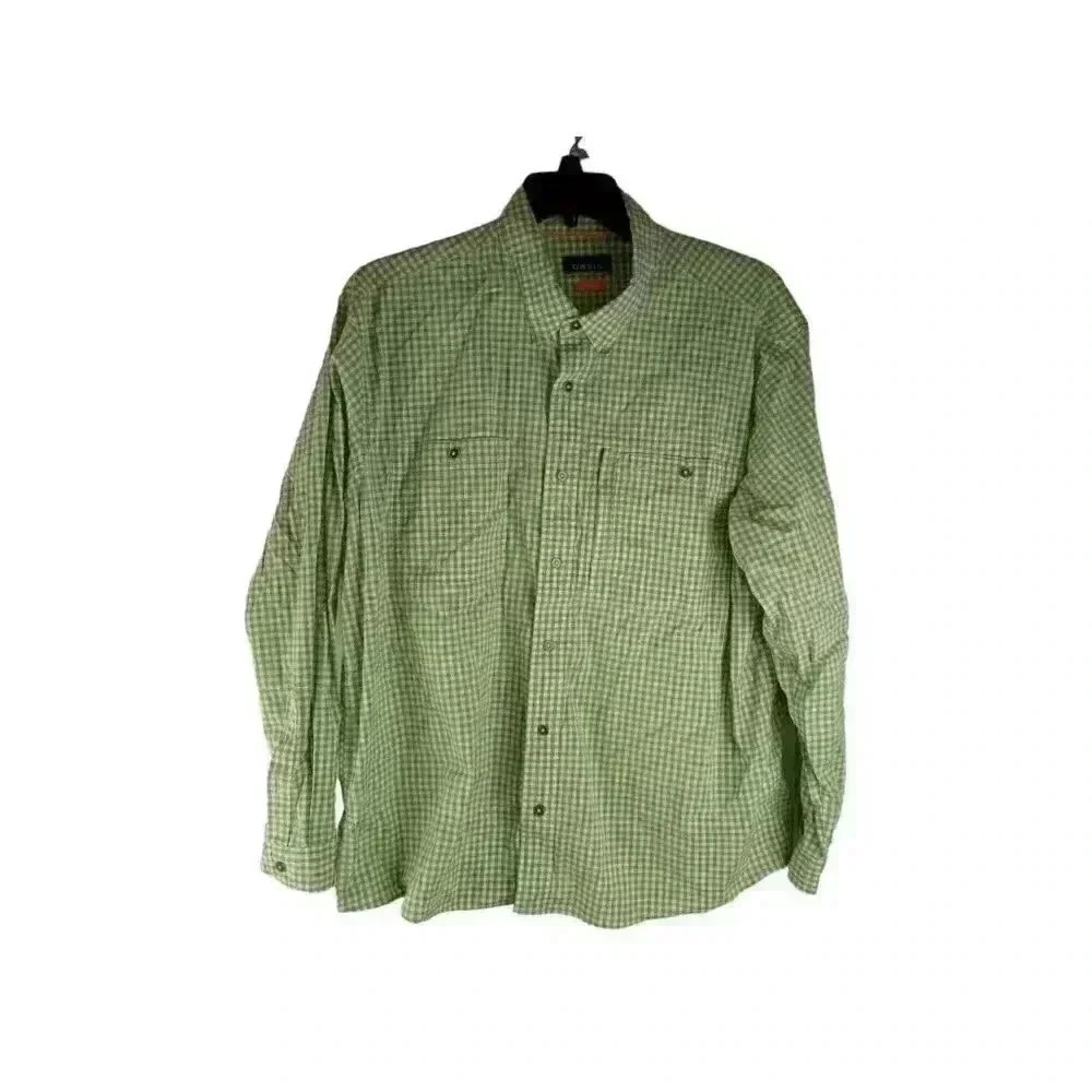 Orvis Mens Shirt Green Long Sleeve Collared Button Plaid Embroidered Logo XL